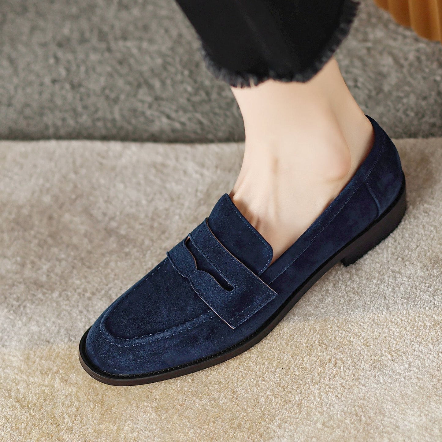 Handmade Classic Navy Suede Leather Penny Loafers Women's Shoes