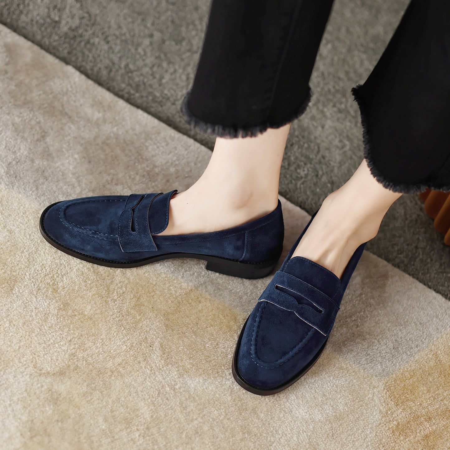 Handmade Classic Navy Suede Leather Penny Loafers Women's Shoes