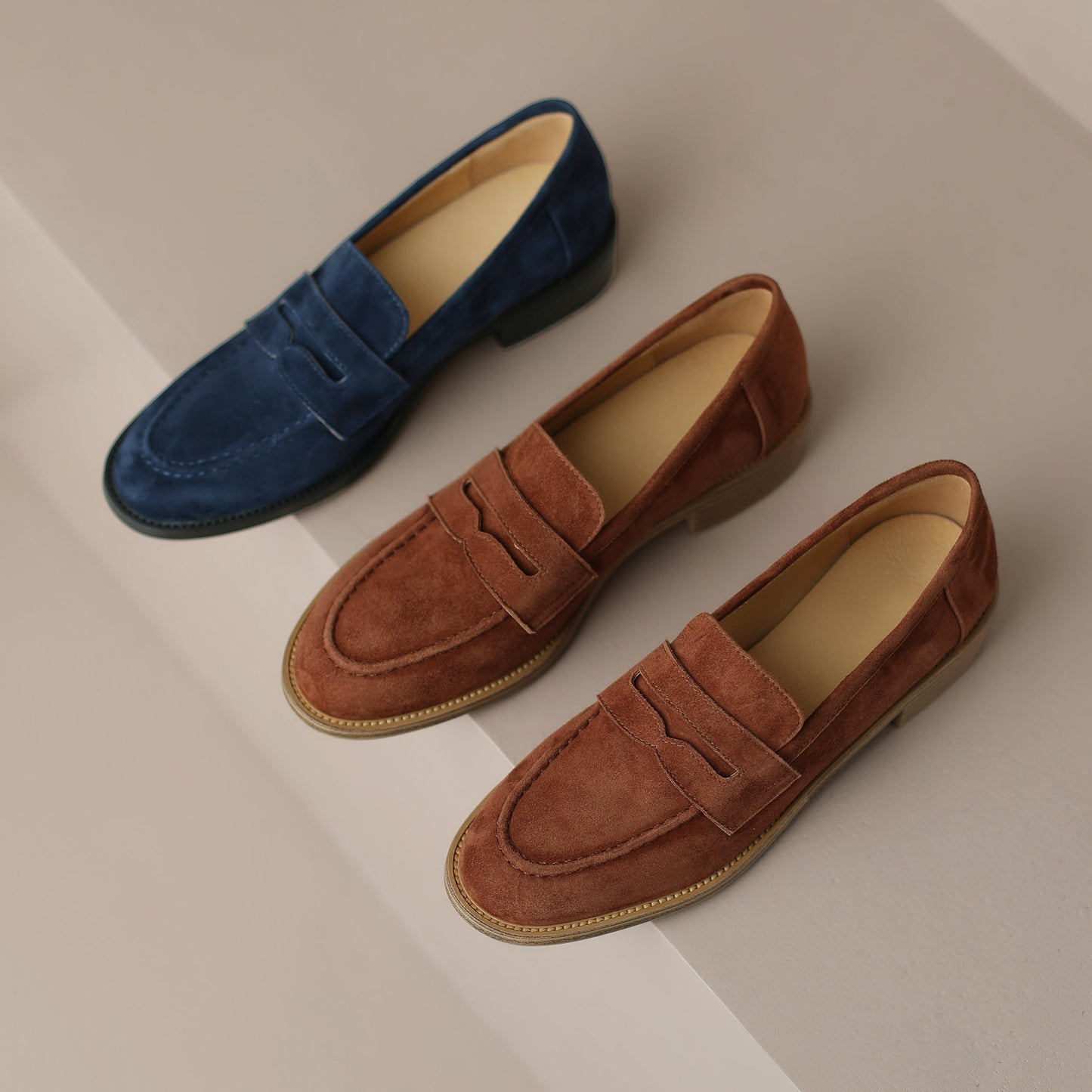 Handmade Classic Navy Suede Leather Penny Loafers Women's Shoes