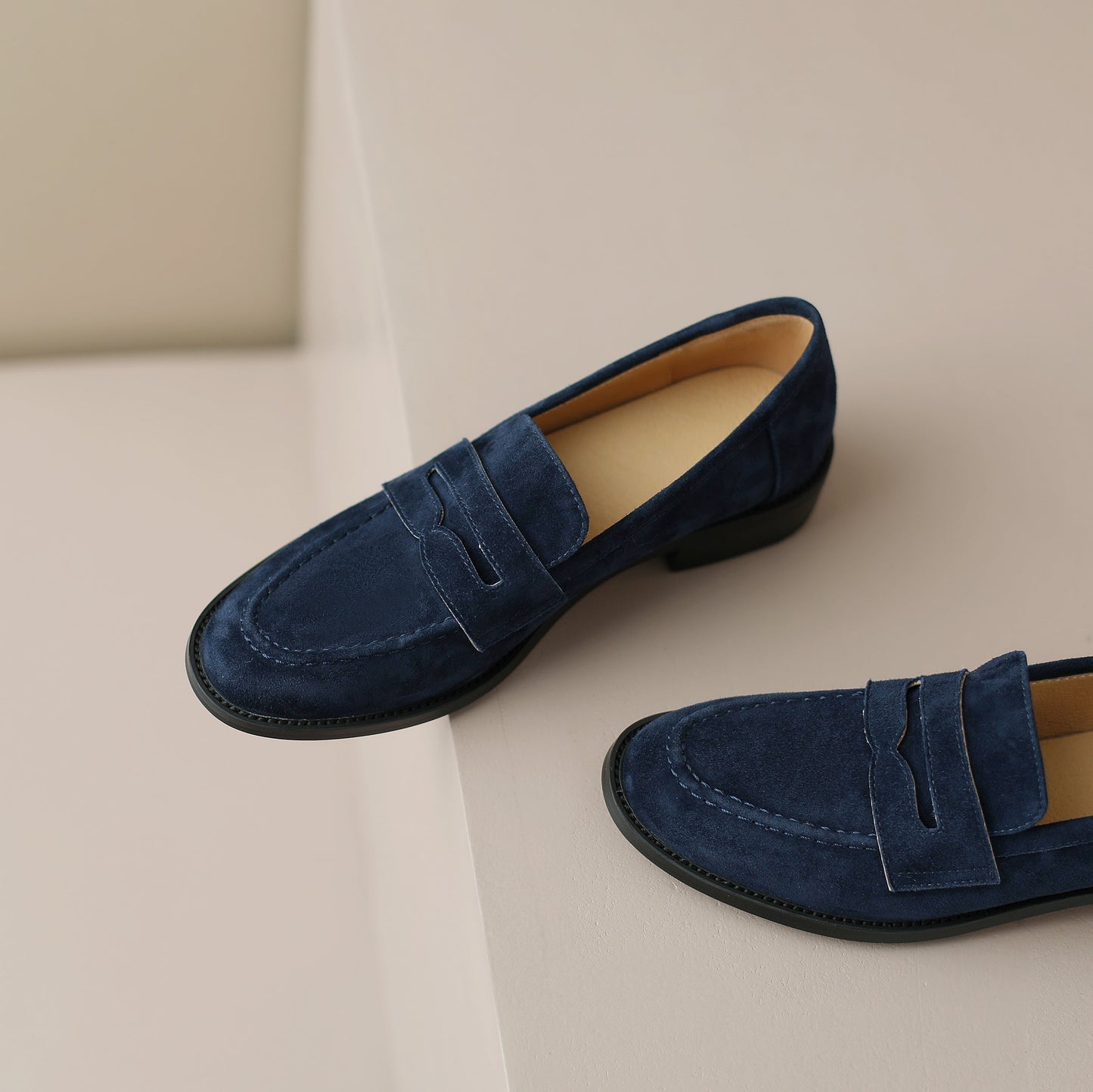 Handmade Classic Navy Suede Leather Penny Loafers Women's Shoes