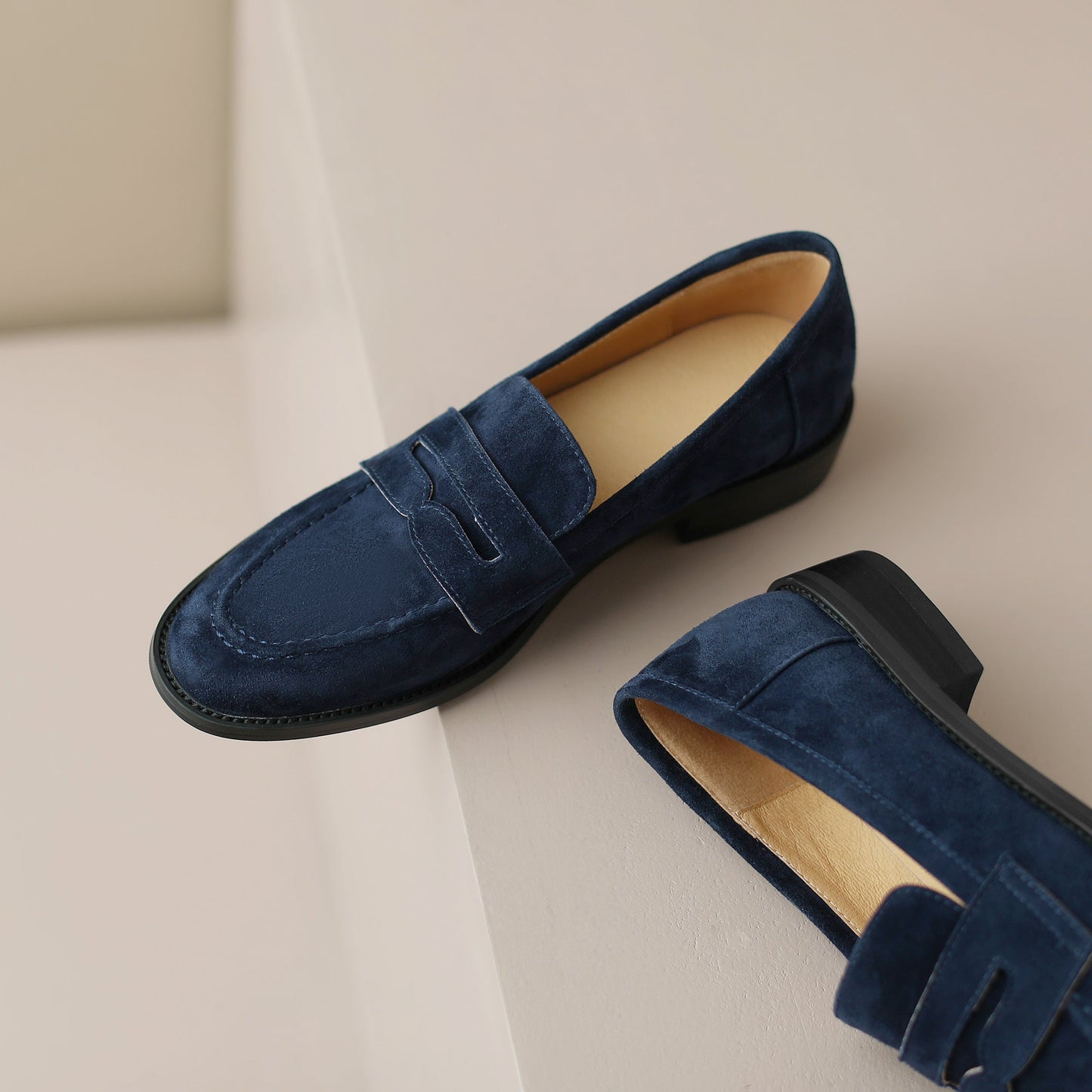 Handmade Classic Navy Suede Leather Penny Loafers Women's Shoes