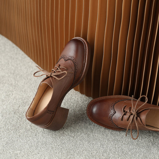 Lace-up Handmade Block Heel Leather Brogues Women's Heels Shoes