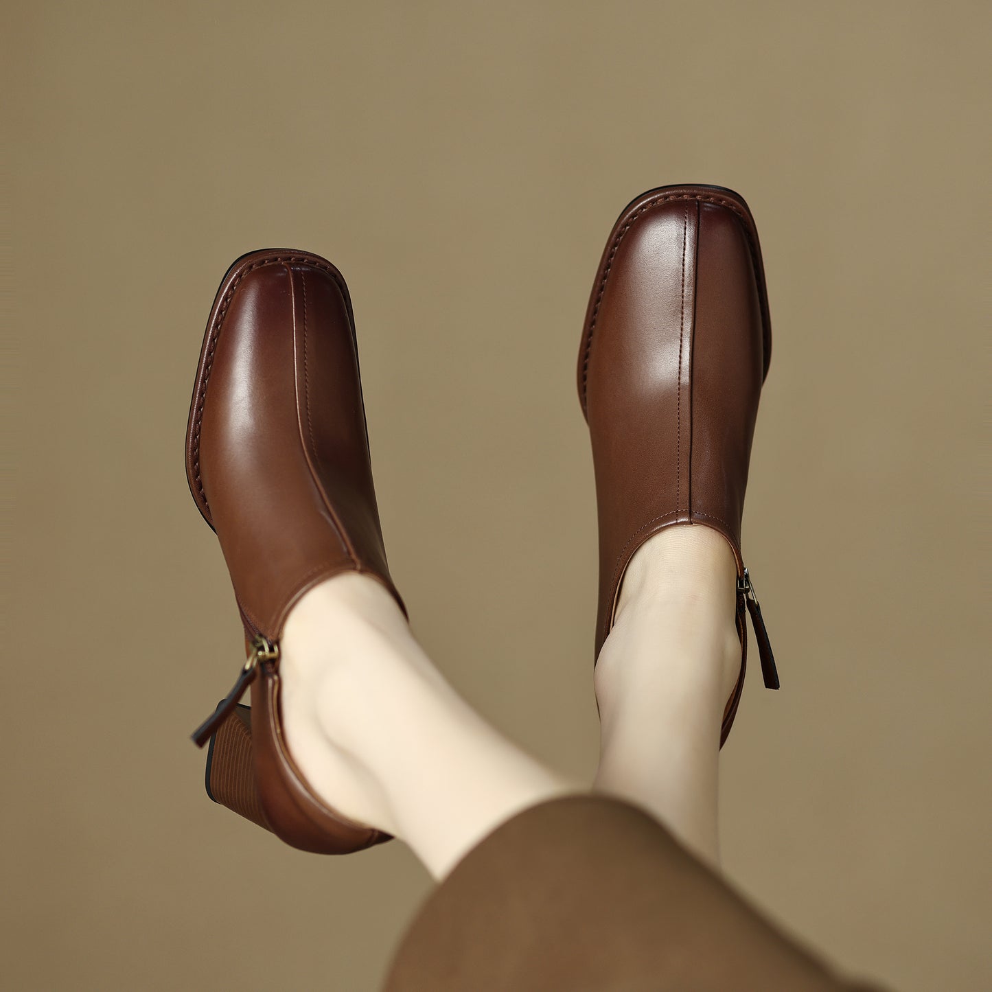 Genuine Leather Vintage Square Toe Block Heel High Zipper Ankle Boots Women's Shoes