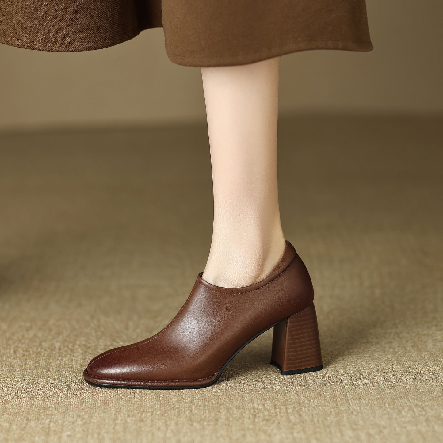 Genuine Leather Vintage Square Toe Block Heel High Zipper Ankle Boots Women's Shoes