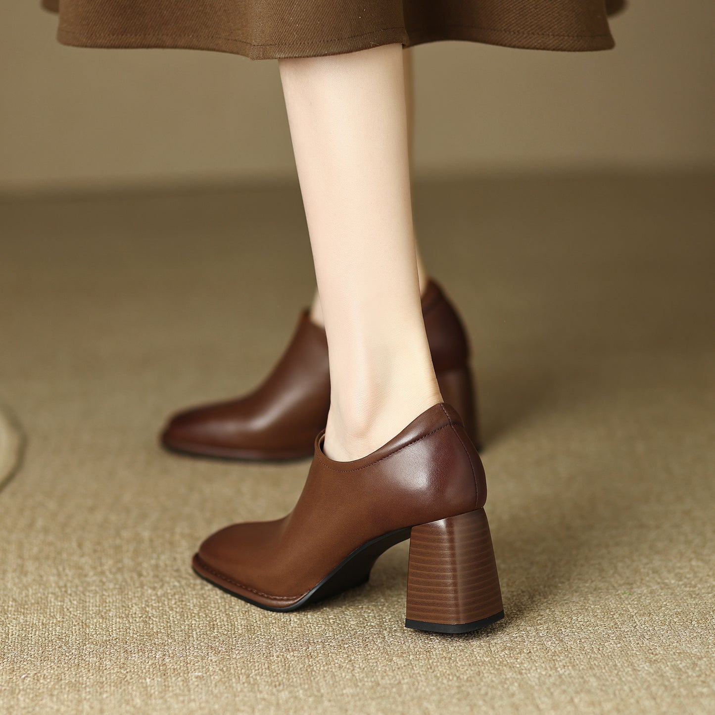 Genuine Leather Vintage Square Toe Block Heel High Zipper Ankle Boots Women's Shoes
