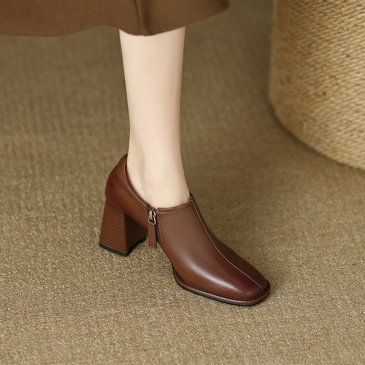 Genuine Leather Vintage Square Toe Block Heel High Zipper Ankle Boots Women's Shoes