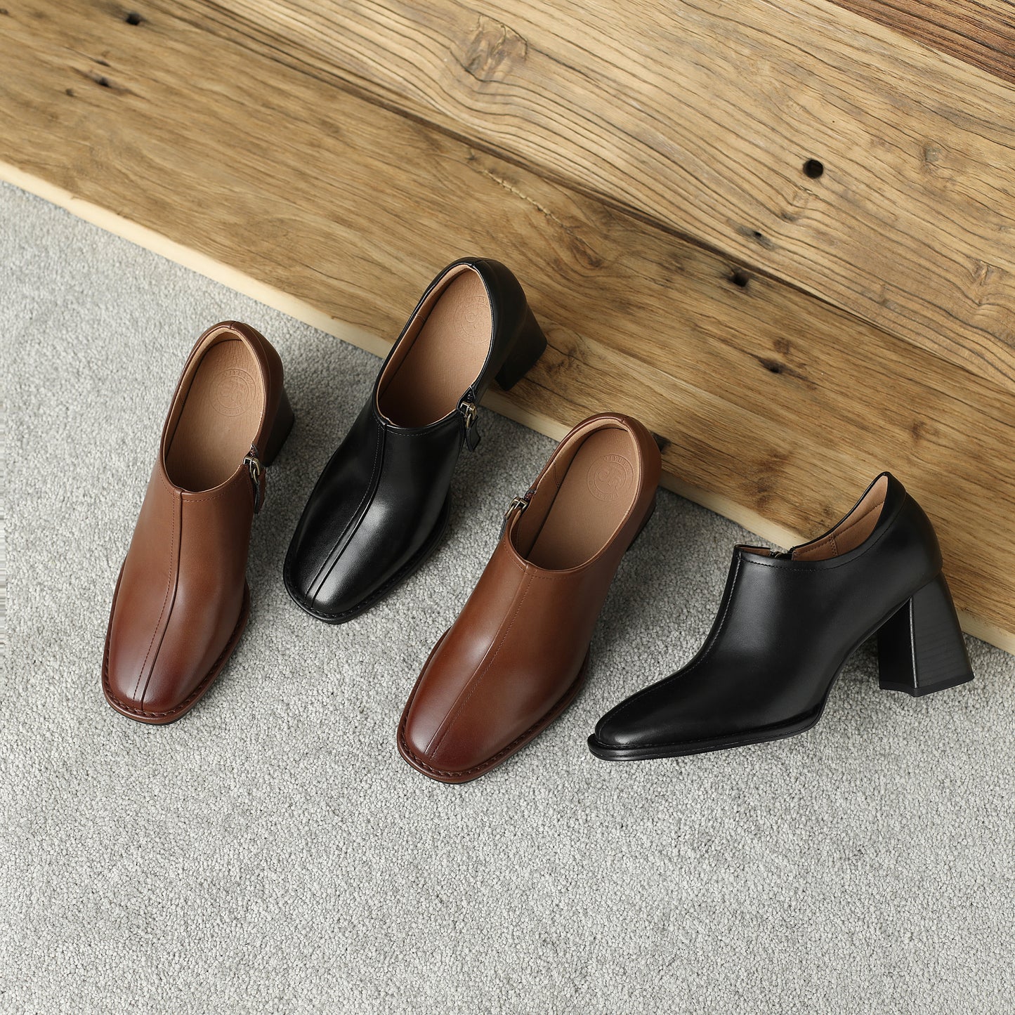 Genuine Leather Vintage Square Toe Block Heel High Zipper Ankle Boots Women's Shoes