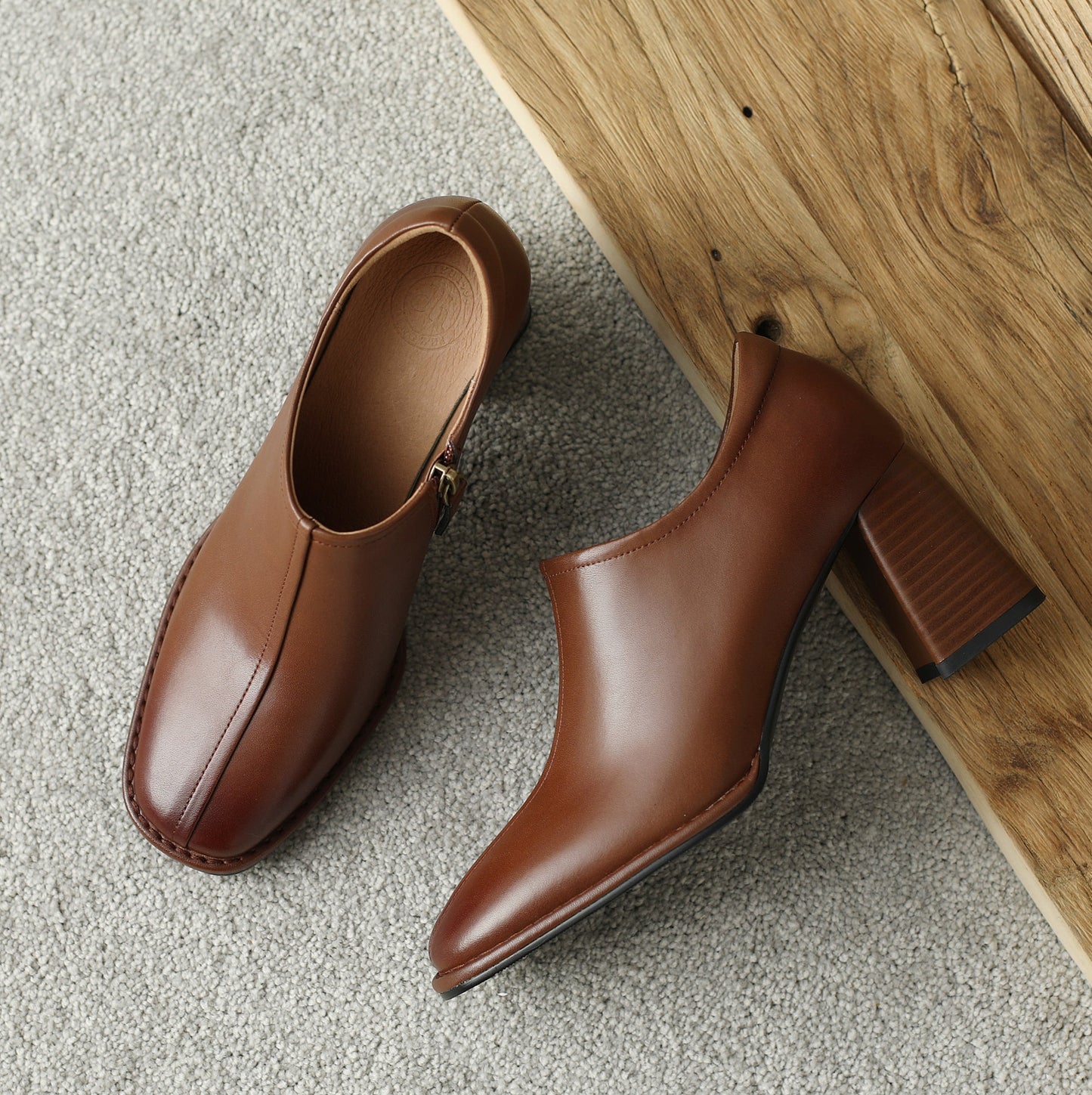 Genuine Leather Vintage Square Toe Block Heel High Zipper Ankle Boots Women's Shoes