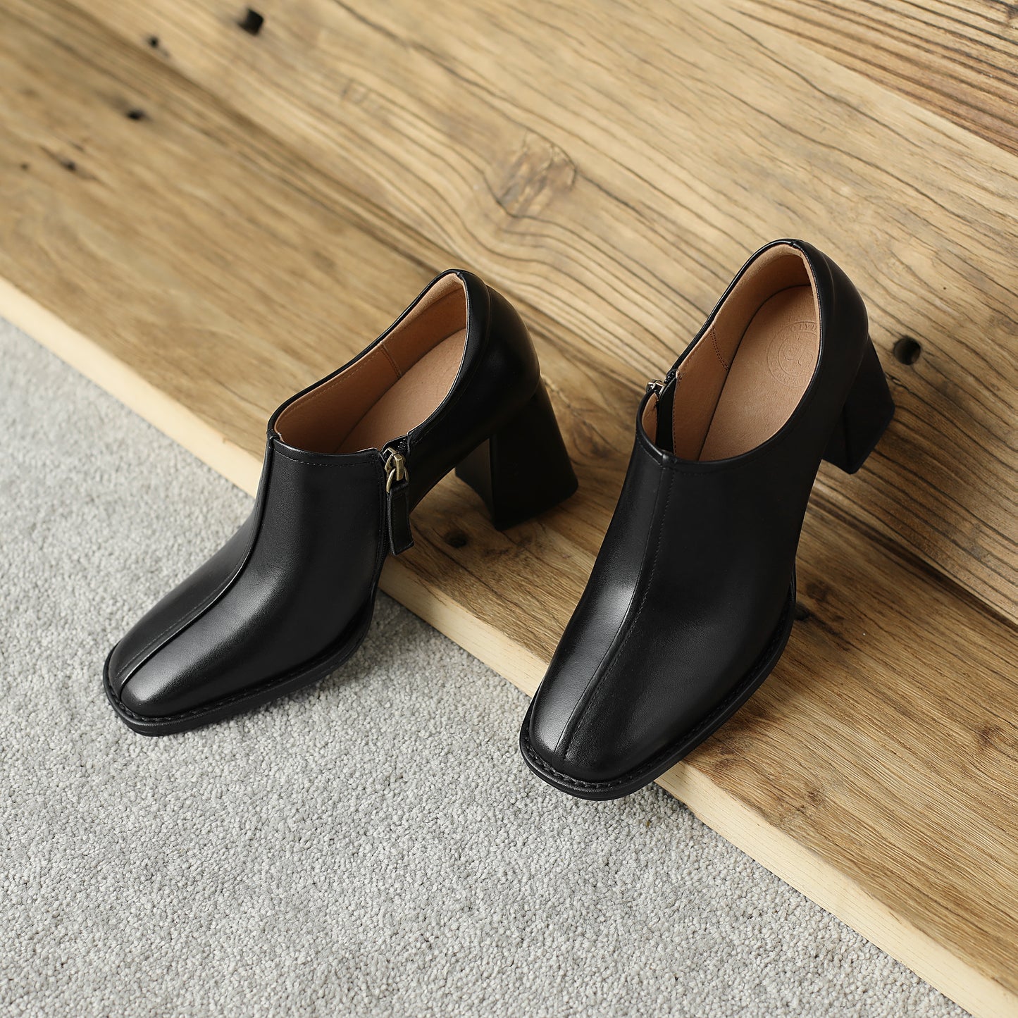 Genuine Leather Vintage Square Toe Block Heel High Zipper Ankle Boots Women's Shoes