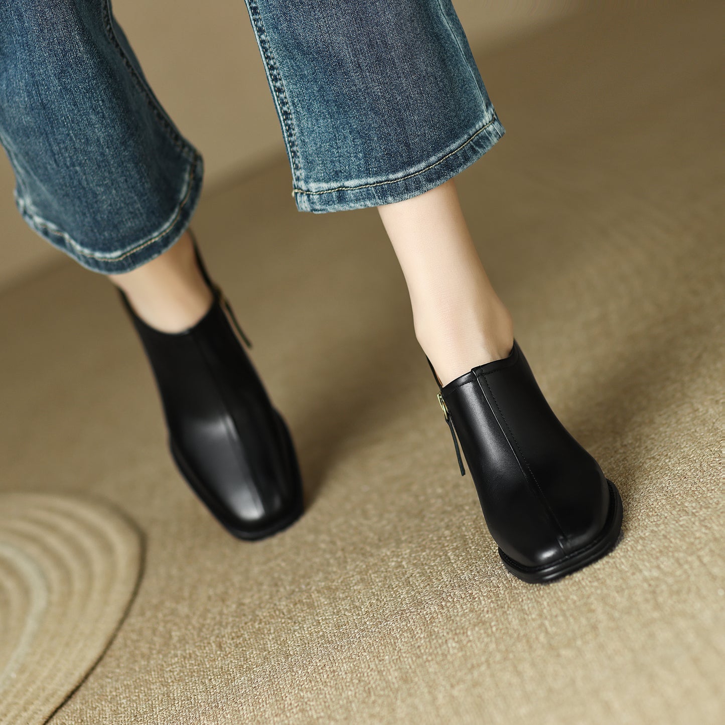 Genuine Leather Vintage Square Toe Block Heel High Zipper Ankle Boots Women's Shoes