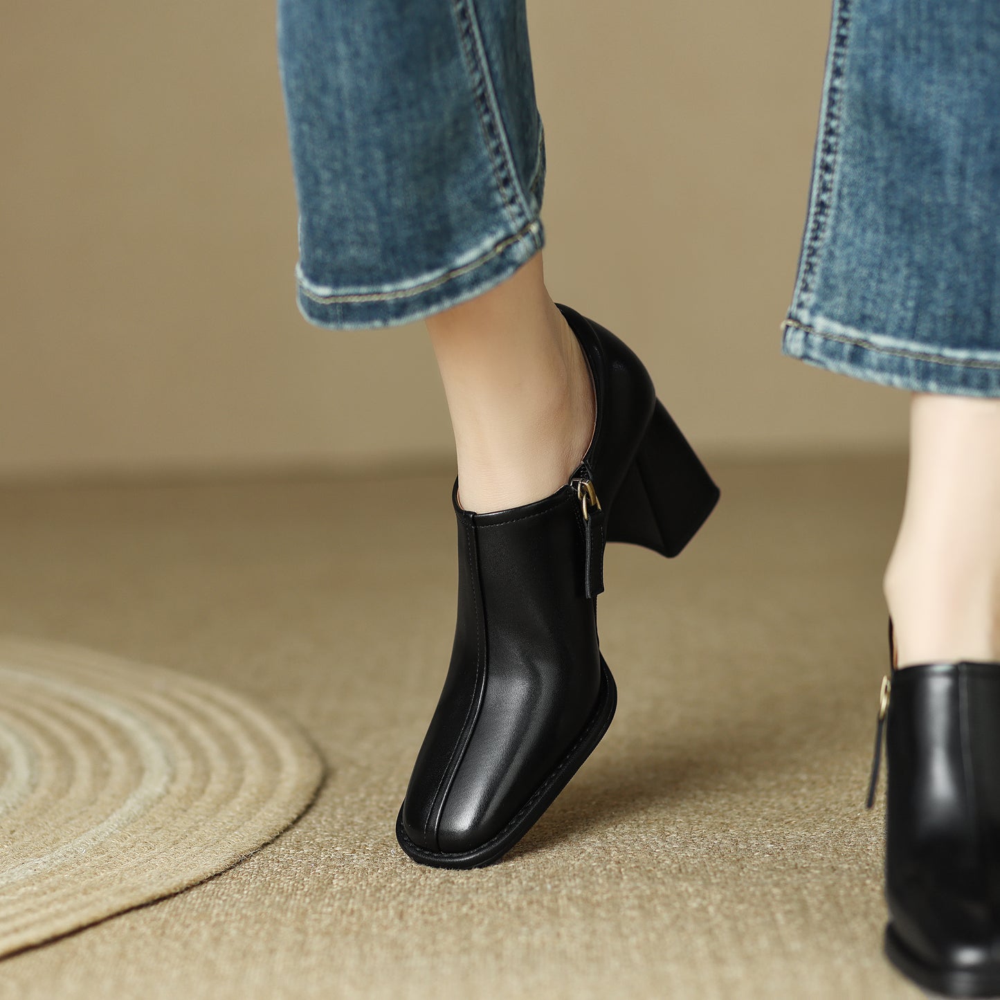 Genuine Leather Vintage Square Toe Block Heel High Zipper Ankle Boots Women's Shoes