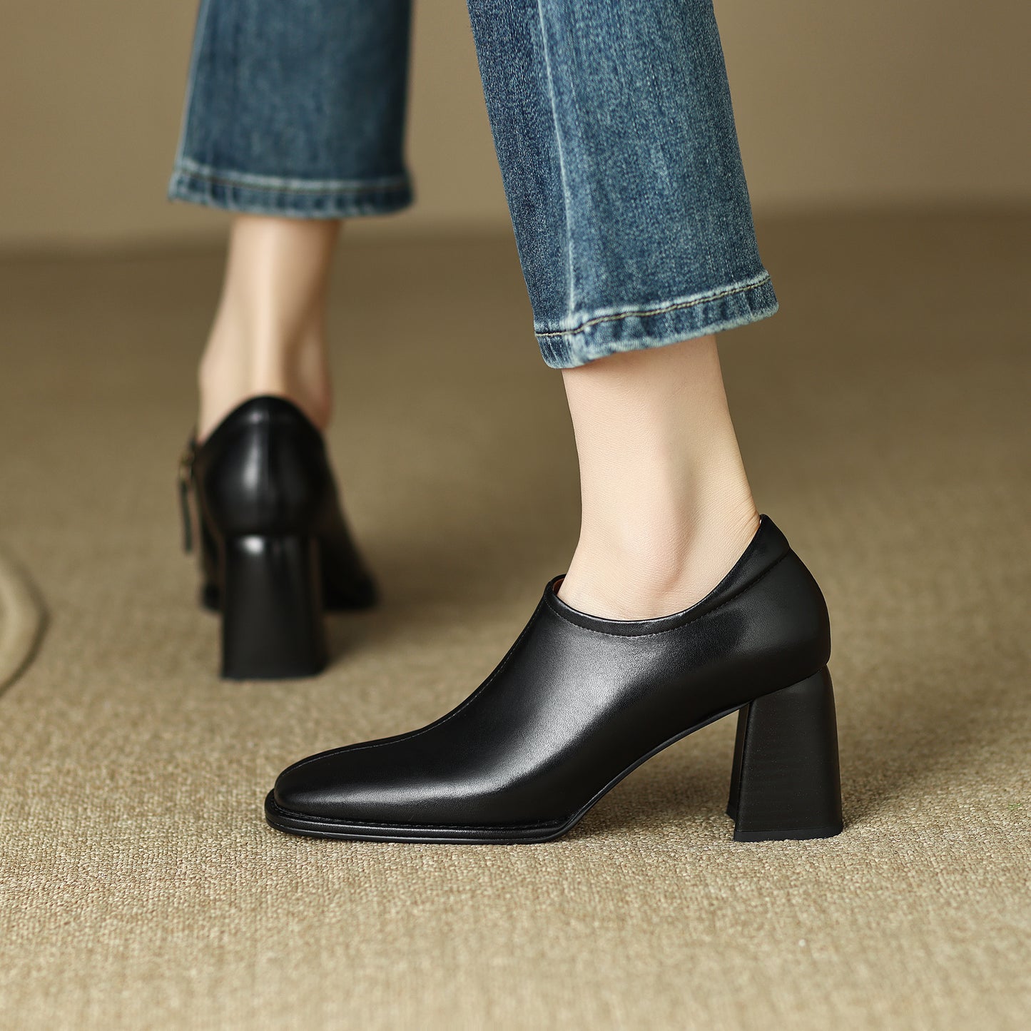 Genuine Leather Vintage Square Toe Block Heel High Zipper Ankle Boots Women's Shoes