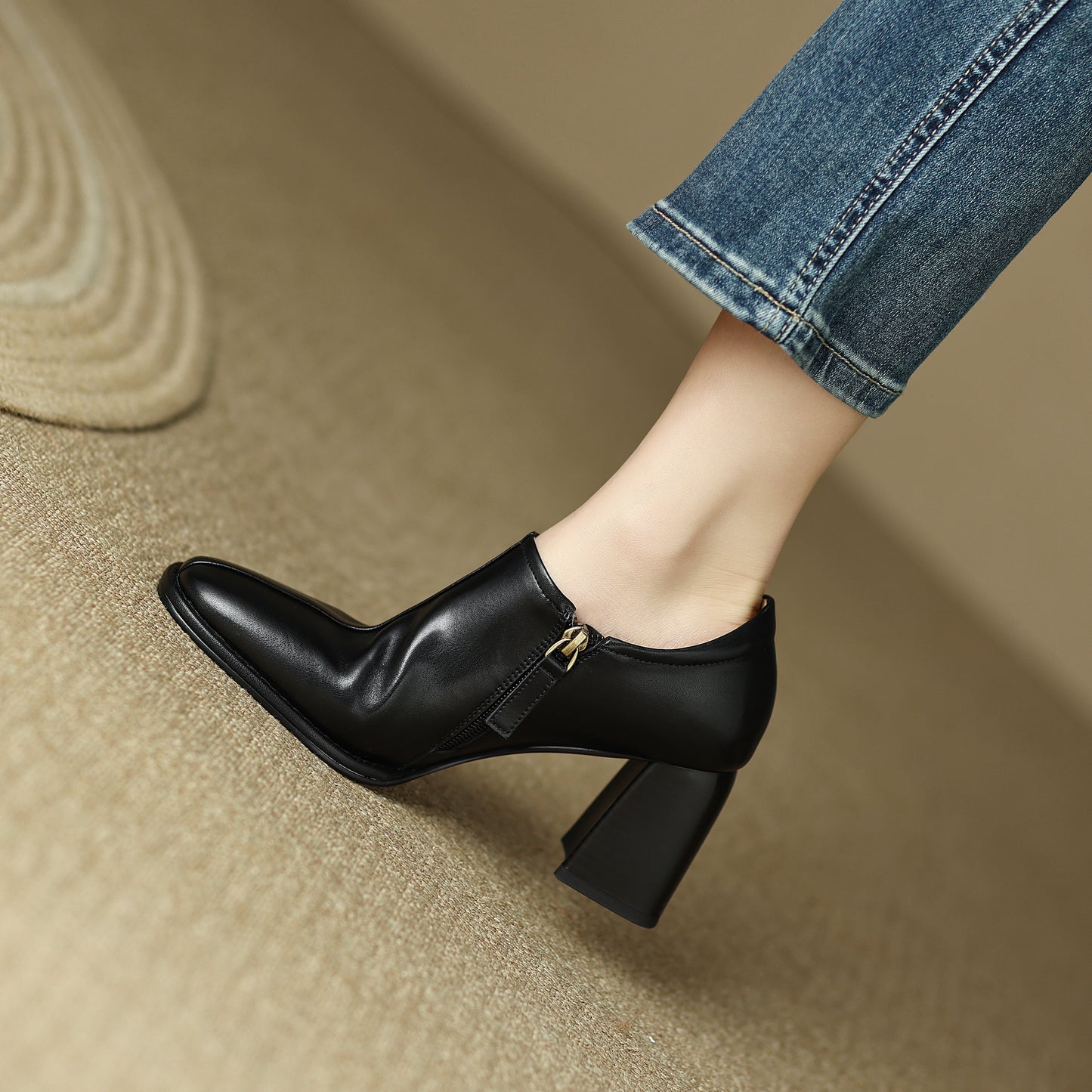 Genuine Leather Vintage Square Toe Block Heel High Zipper Ankle Boots Women's Shoes