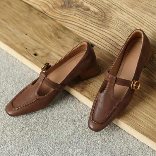 Women's Pointed Toe Genuine Leather Handmade Buckle Low Block Heels Mary Jane Dress Shoes