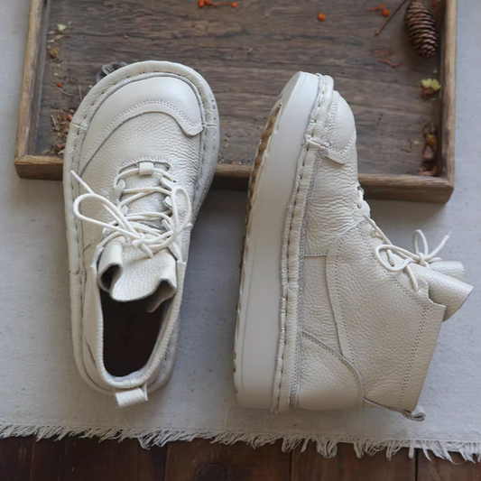 Women Leather Wide Toe Box Platform Casual Lace-up Boots