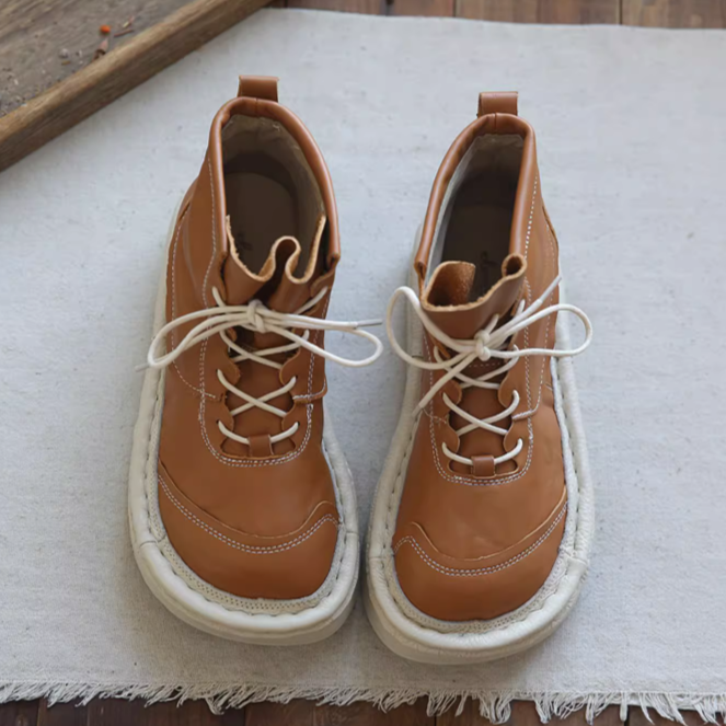 Women Leather Wide Toe Box Platform Casual Lace-up Boots