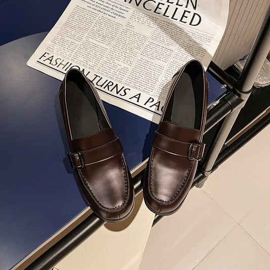 Women's Leather Classic Retro British Style Block Heel Buckle Up Loafers