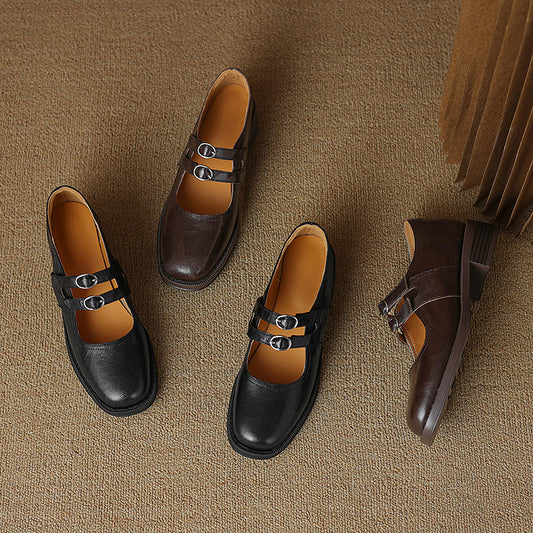 Women's Sheepskin Leather Block Heel Low Heel Double Buckle Mary Jane Shoes