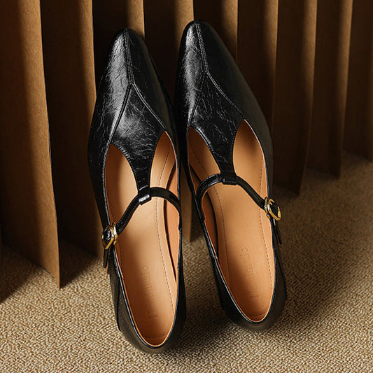 Sheepskin Pointed Toe T-Strap Buckle Low Heel Mary Jane Dress Shoes Women's Shoes