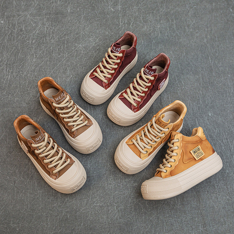 Women’s Leather Patchwork Lace-Up High-Top Shoes – Platform Casual Sneakers