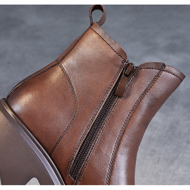 Women's Leather Ankle Boots – Platform Chunky Mid Heel with Side Zipper
