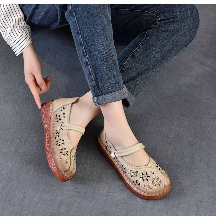 Women's Leather Floral Cutout Sandals – Breathable Summer Style