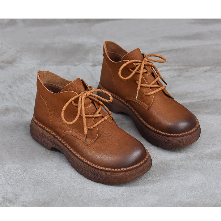 Women's Leather Platform High-Top Shoes – Round Toe Lace-Up Casual Style