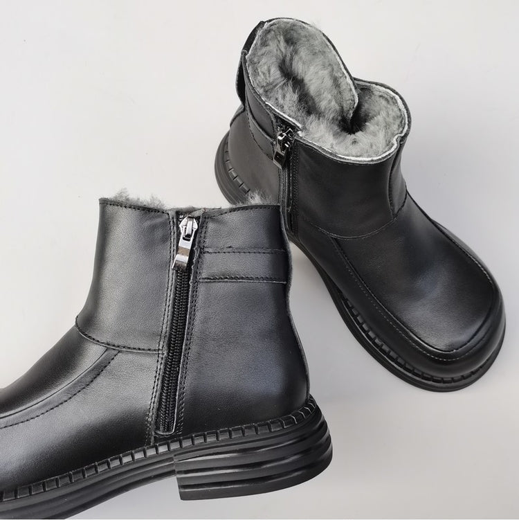 Women's Vintage Wide Toe Leather Derby Boots – Shearling Lined Winter Ankle Boots