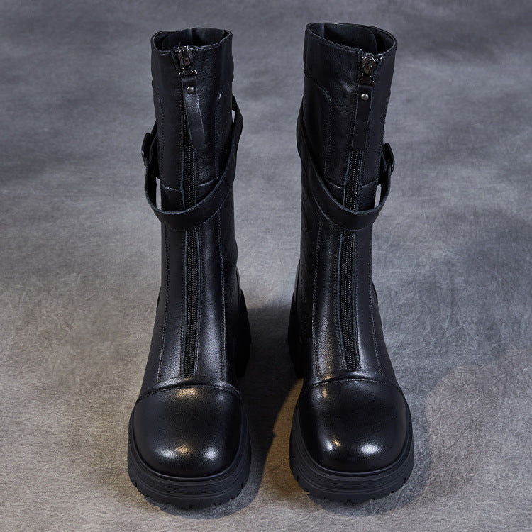 Women's Mid-Calf Embossed Genuine Leather Boots – Buckle Detail Chunky Heel Platform