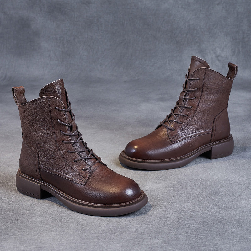 Women's Leather Vintage Zipper Lace Up Block Heel Ankle Boots