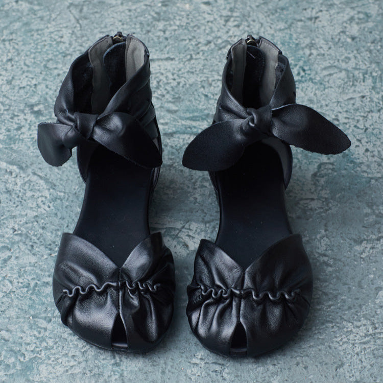 Womens Genuine Leather Handmade Summer Bow Ankle Zipper Sandals