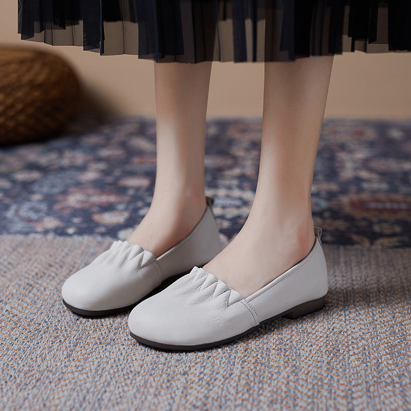 Women's Soft Leather Pleated Daily Slip-On Walking Flats