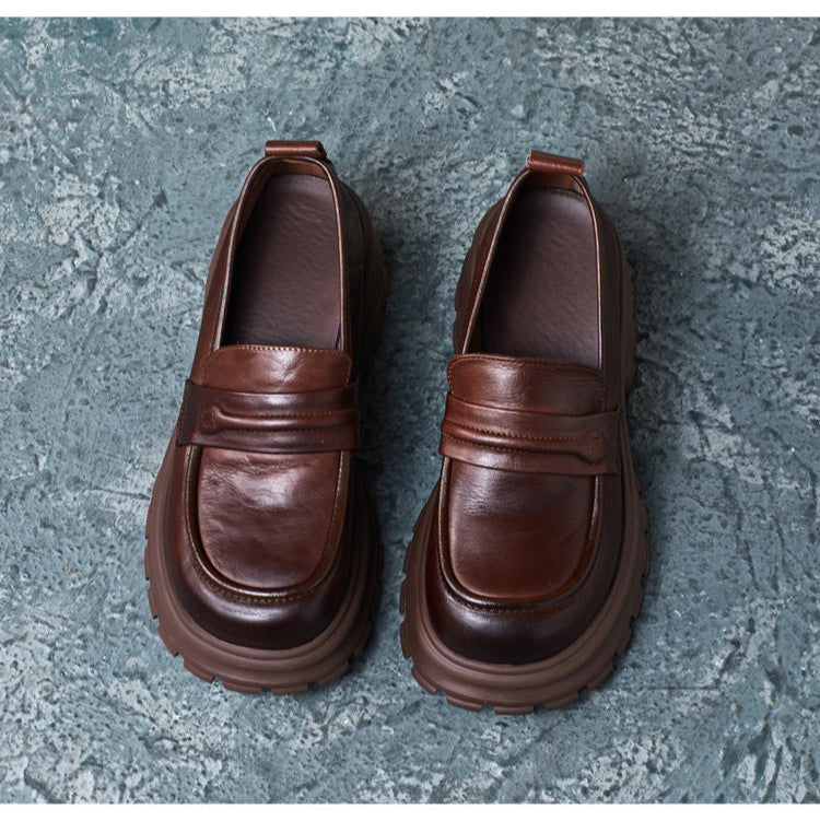 Womens Genuine Leather Heeled Platform Casual Loafers
