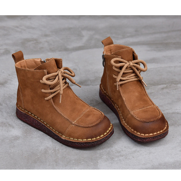Women's Vintage Leather Ankle Boots – Soft Flat Lace-Up Zipper Short Shoes