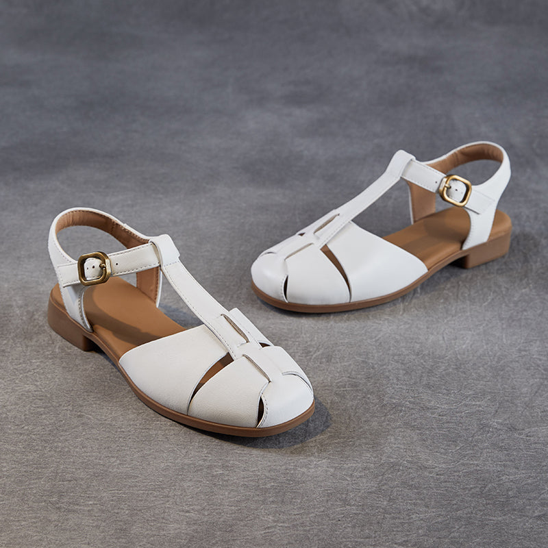 Women's Leather Summer Closed Toe T-Strap Comfort Sandals