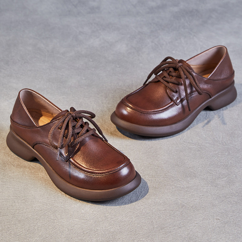 Women's Leather Comfortable Casual Chunky Heel Lace-Up Shoes