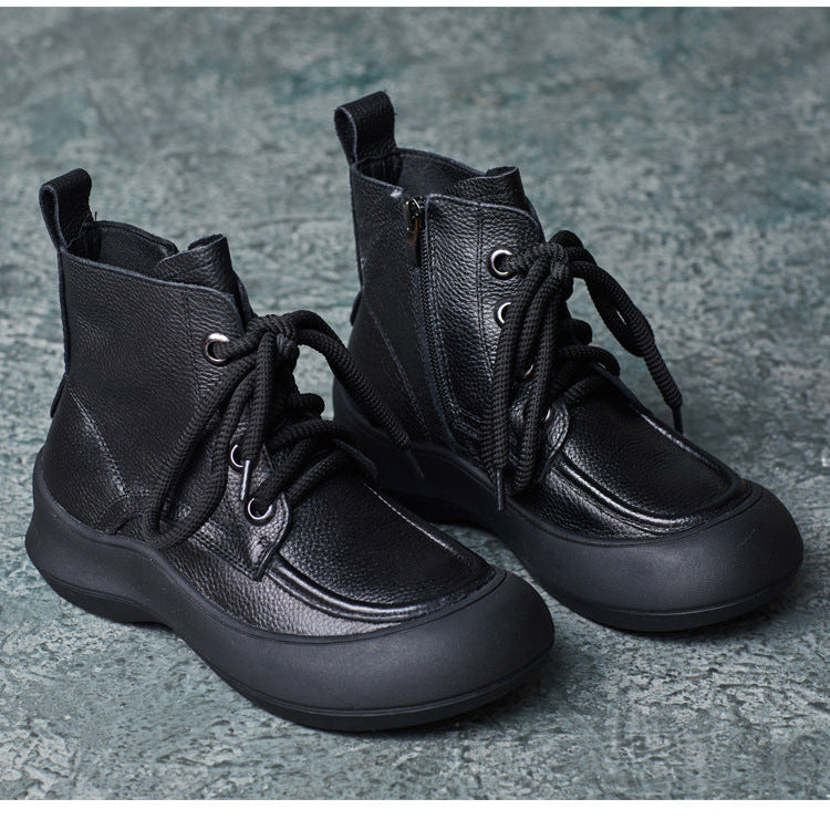 Women's Zip Lace-Up Leather Ankle Boots – Comfortable for Daily Wear