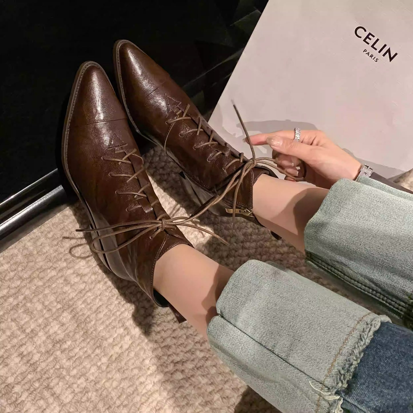 Women's Leather Lace-Up Ankle Boots – Pointed Toe & Block Heel
