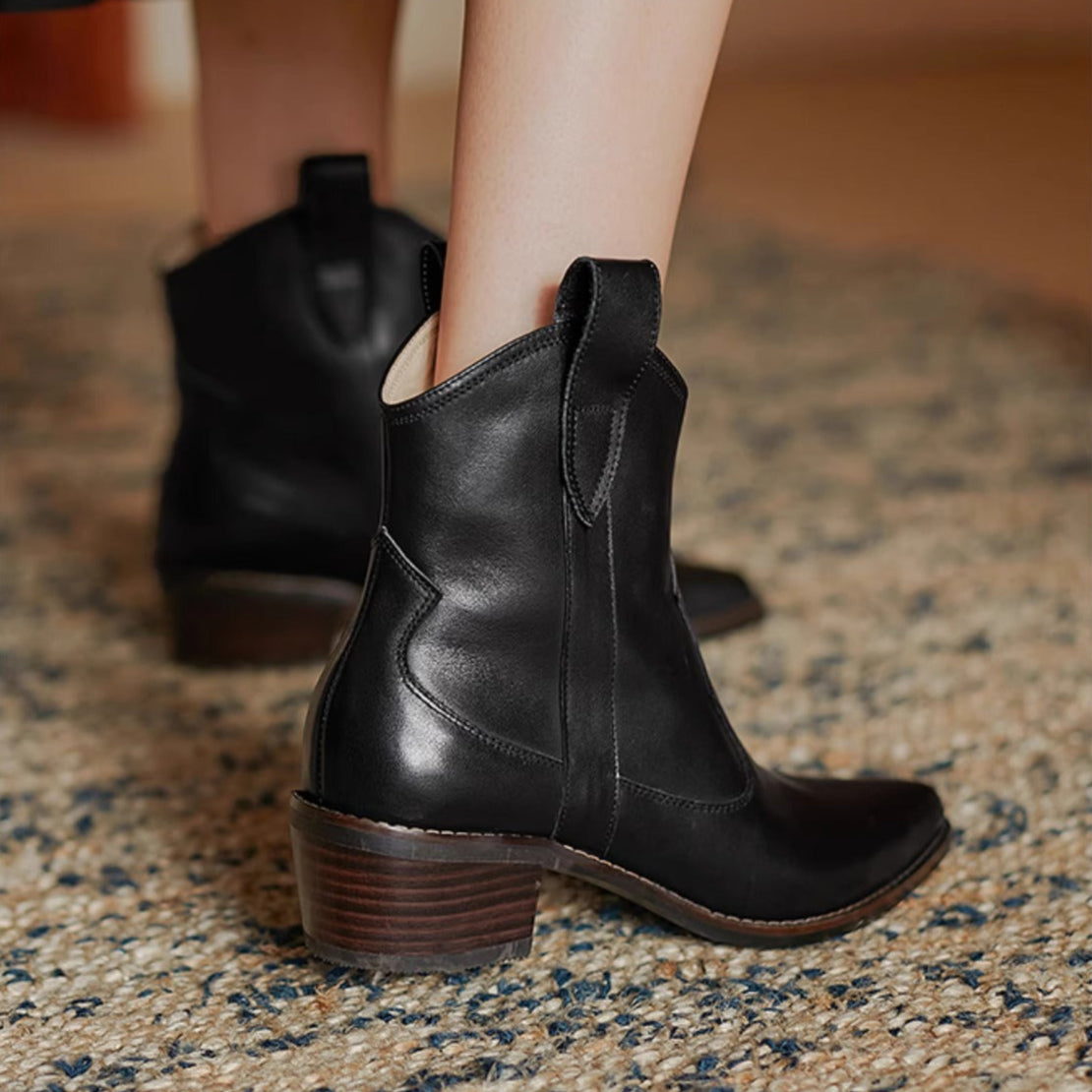 Women's Genuine Leather Western Ankle Boots – Pointed Toe & Block Heel