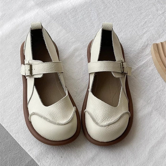 Women's Soft Leather Flat Mary Jane Shoes – Round Toe with Patchwork Design