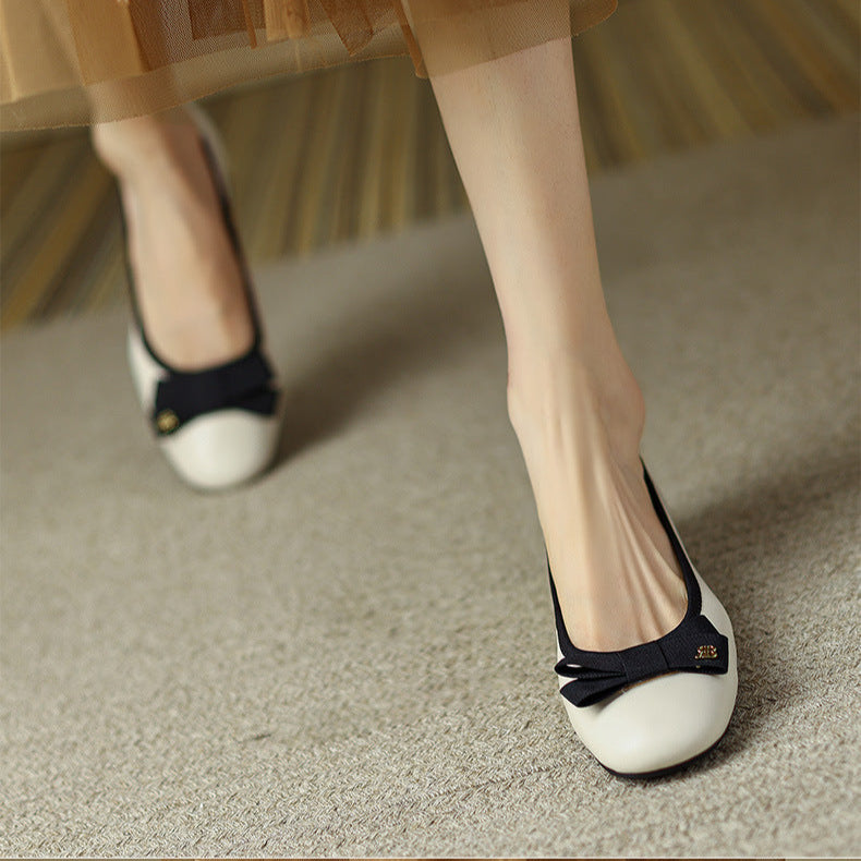 Women's Leather Ballet Flats - Round Toe with Elegant Bow Detail