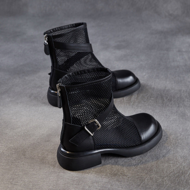 Women's Leather Summer Boots – Mesh Insert Breathable Ankle Shoes