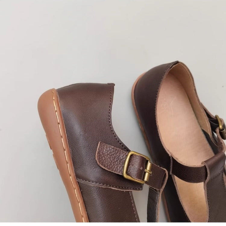 Handmade Vintage Genuine Leather Soft Lightweight T-Strap Mary Jane Shoes for Women
