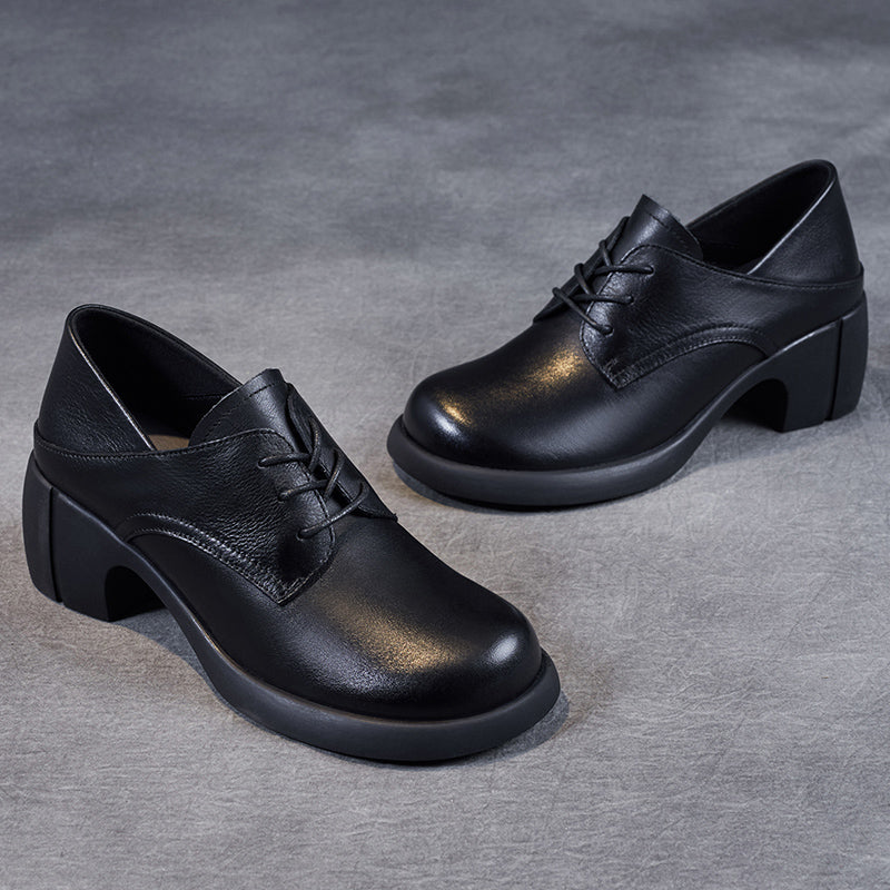 Women's Leather Retro Lace-up Block Heel Oxford Shoes