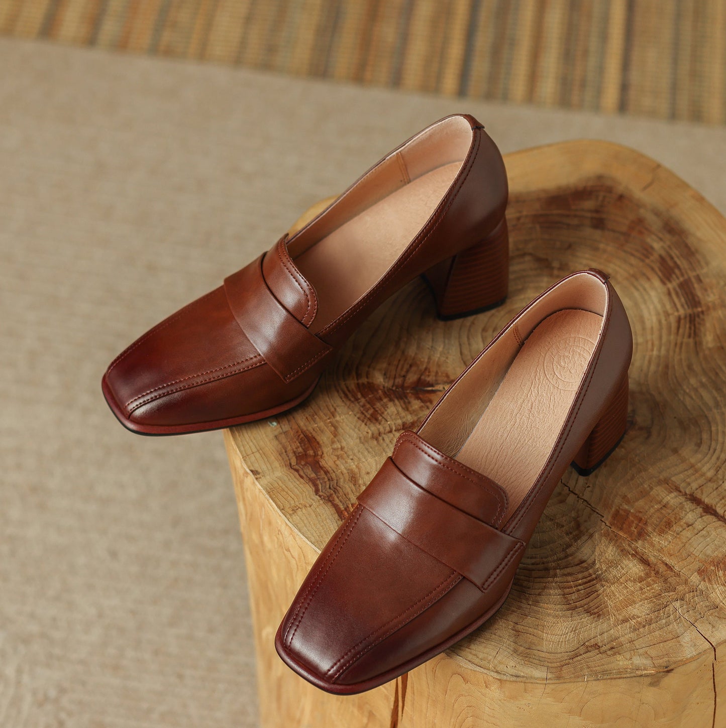 Genuine Leather Handmade Block Heels Slip-on Dress Loafers Women's Shoes