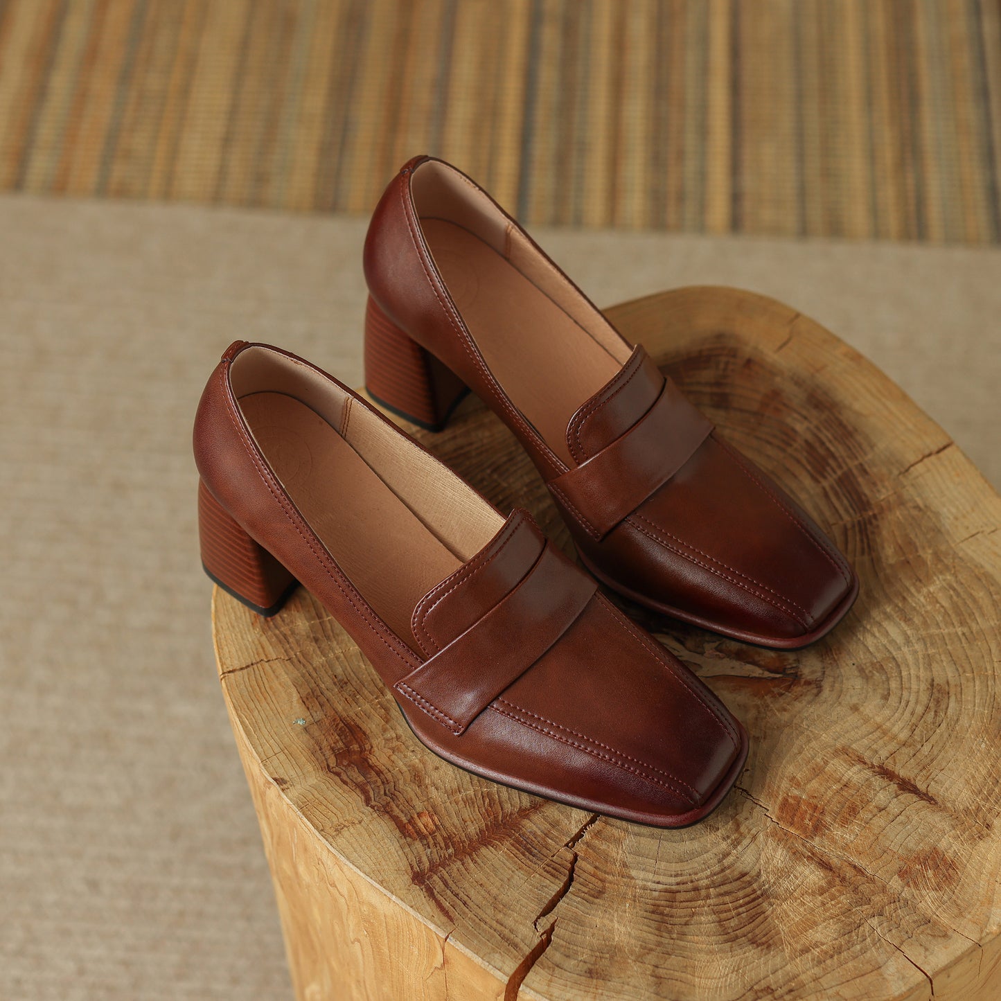 Genuine Leather Handmade Block Heels Slip-on Dress Loafers Women's Shoes