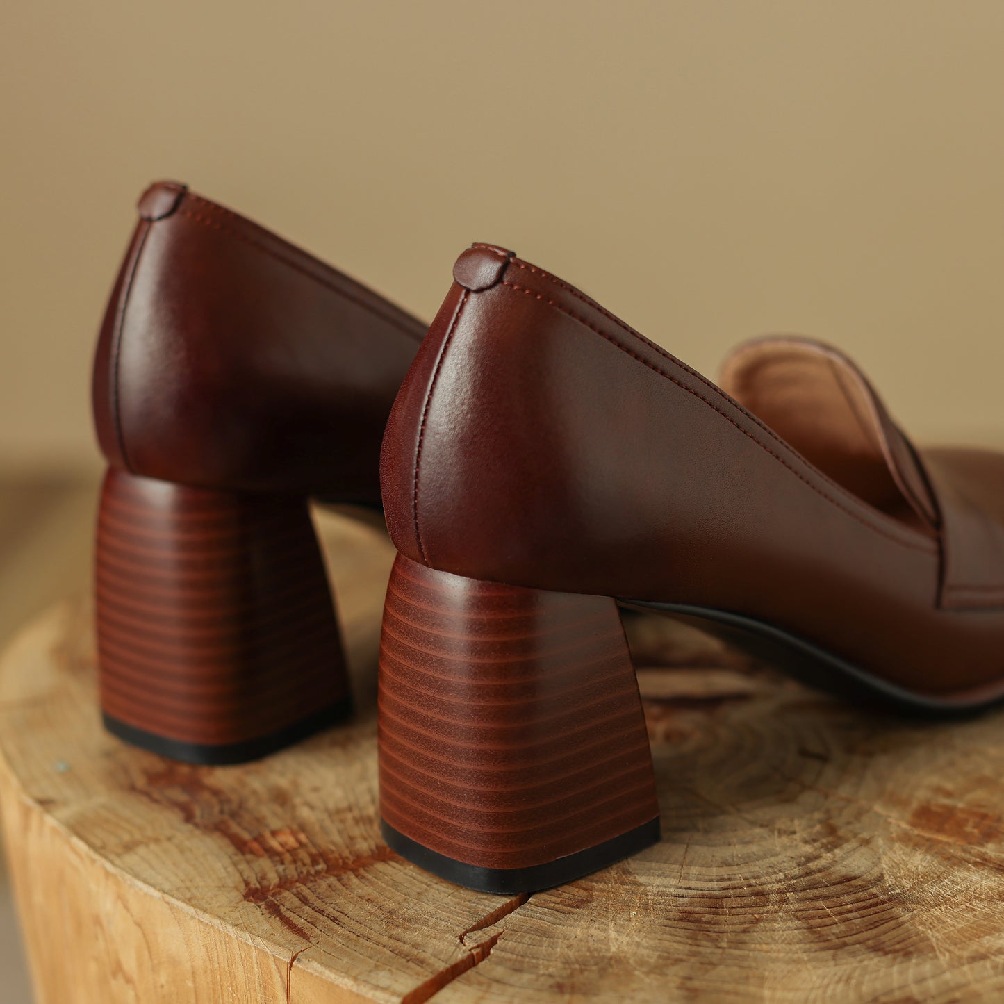 Genuine Leather Handmade Block Heels Slip-on Dress Loafers Women's Shoes