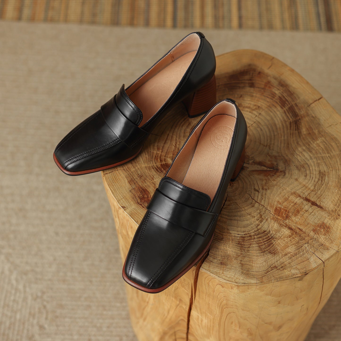 Genuine Leather Handmade Block Heels Slip-on Dress Loafers Women's Shoes