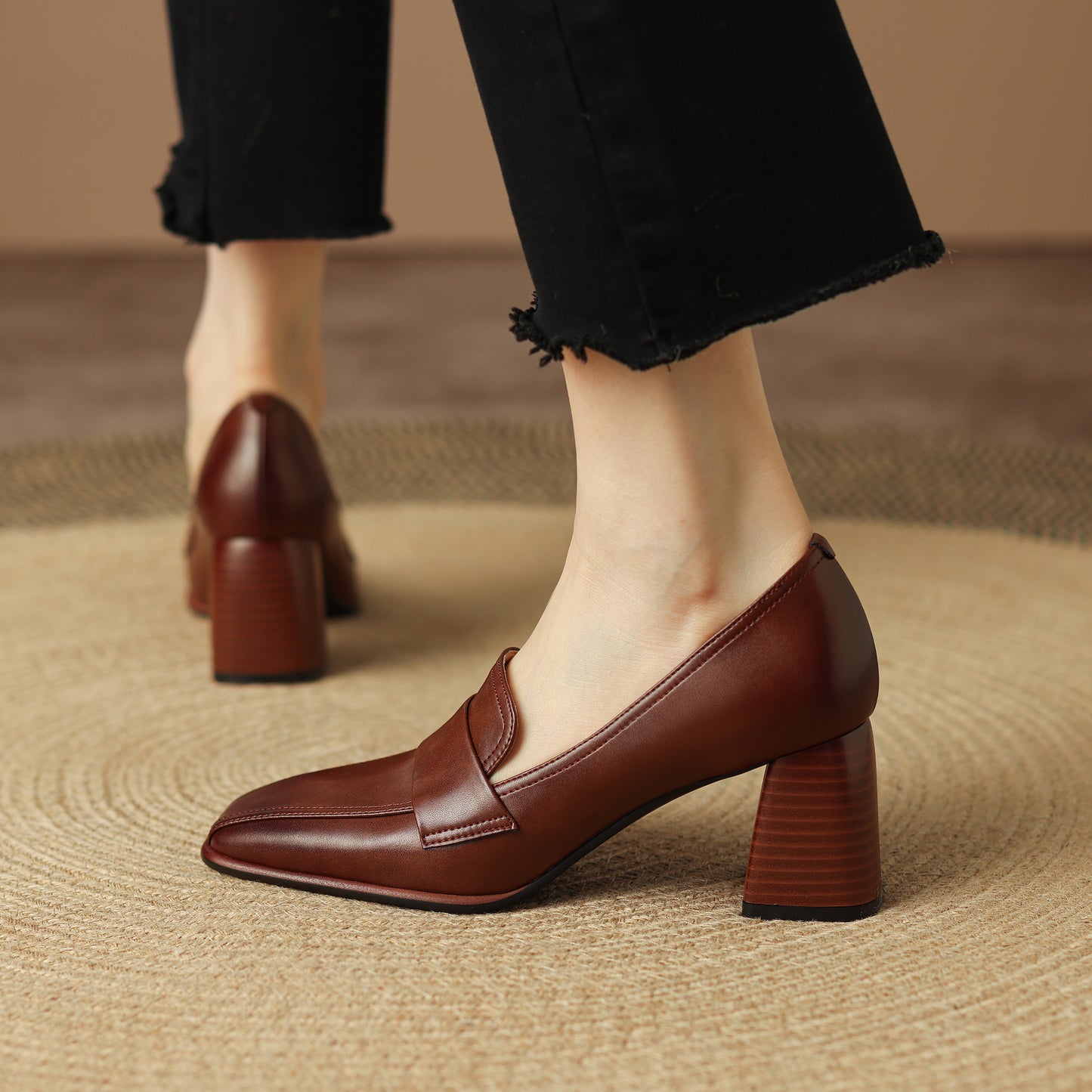 Genuine Leather Handmade Block Heels Slip-on Dress Loafers Women's Shoes