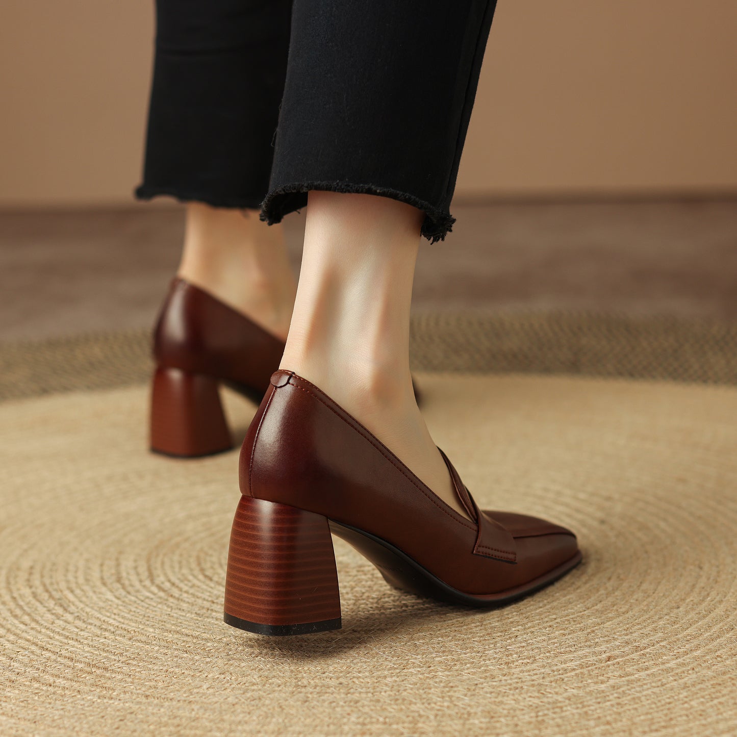 Genuine Leather Handmade Block Heels Slip-on Dress Loafers Women's Shoes